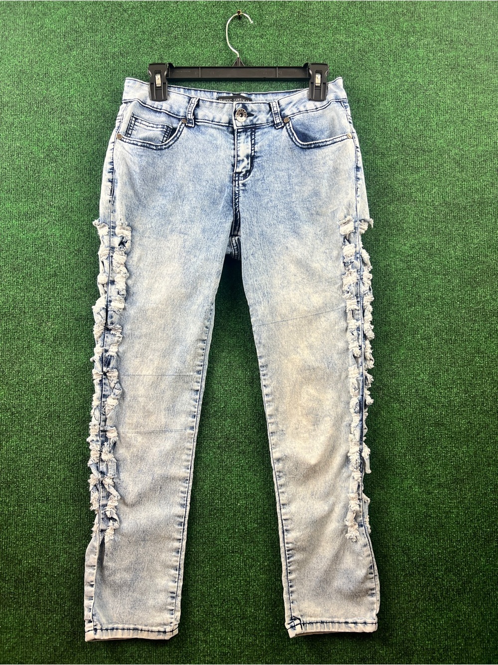Traffic Light Blue Skinny Jeans with Side Ruffle Trim (SKU#20022)